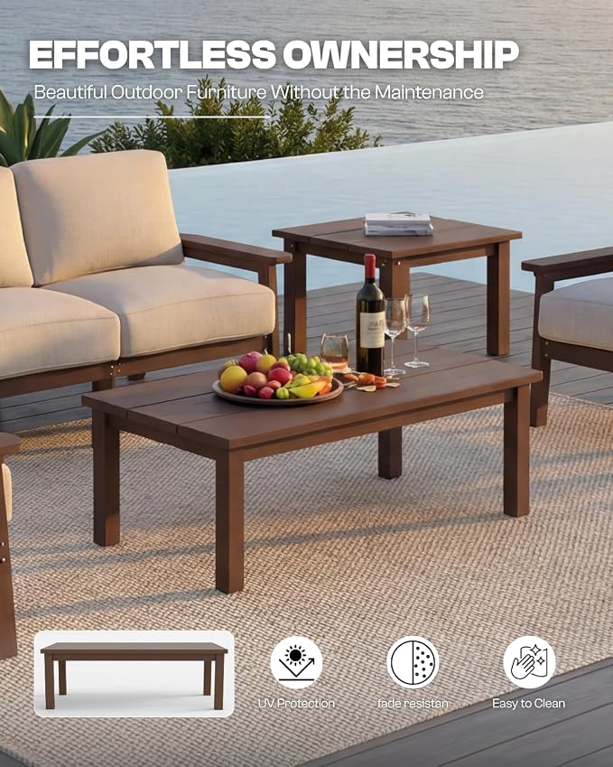 HDPE Outdoor Coffee Table, Weather-Resistant Rectangle Patio Coffee Table with Large Tabletop for Balcony, Deck, Garden, Poolside (Brown)