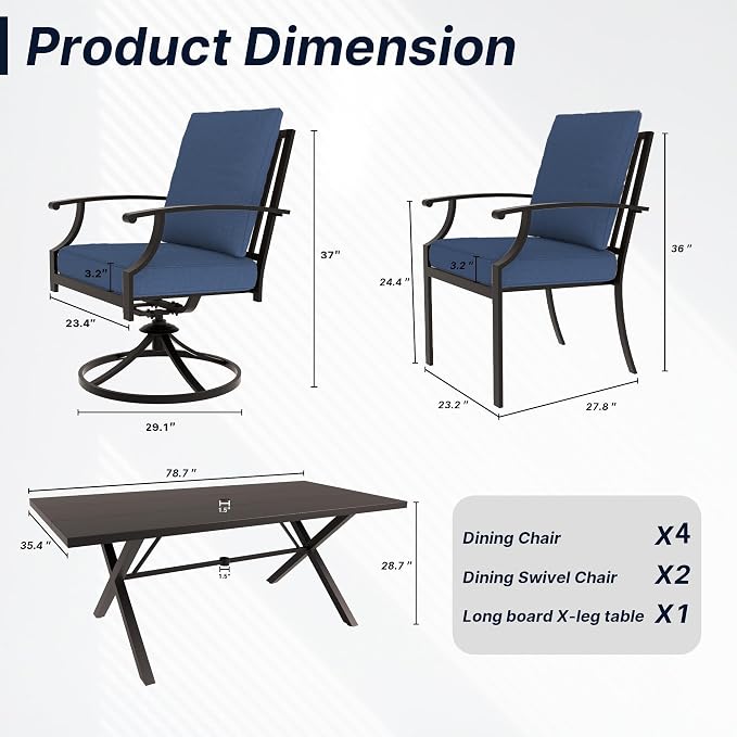 7 PCS Outdoor Patio Dining Set,Patio Table and Chairs Metal Outdoor Patio Furniture Set with Umbrella Hole,Dining Table Set with Swivel Chairs for Deck,Backyard and Garden,Navy Blue