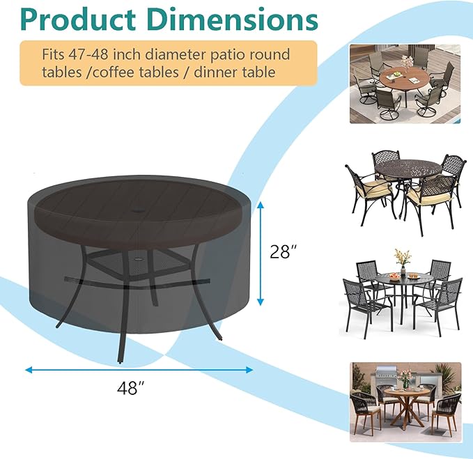 Oslimea Round Outdoor Patio Table Cover 48 Inch, Patio Furniture Covers for Outdoor Table, Waterproof, Windproof, UV Resistant and All Weather Resistant (Black, 48"DIAx28"H)