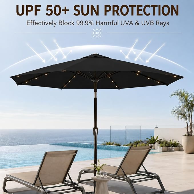 10FT Solar Lighted Patio Umbrella, Outdoor Table Market Umbrellas with Push Button Tilt and Crank, 32 LED Lights, 8 Sturdy Ribs, UV-Resistant for Deck, Garden, Pool