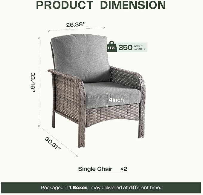 Patio Furniture Set, Outdoor Wicker Chairs of 2, Modern Rattan Outdoor Chairs Conversation Set, All Weather High Back Patio Sofa with Comfy Cushions for Porch, Balcony, Garden, Dark Gray