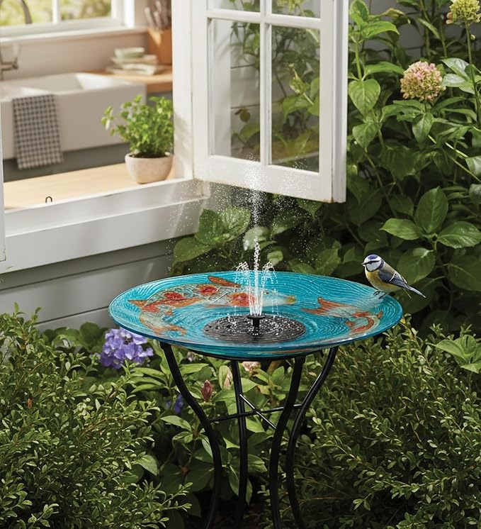 Regal Art & Gift 23" Bird Bath with Fountain - Durable Glass Bowl with Heavy-Duty Metal Stand, Easy to Fill, Ideal for Patio, Porch & Garden Décor - Koi