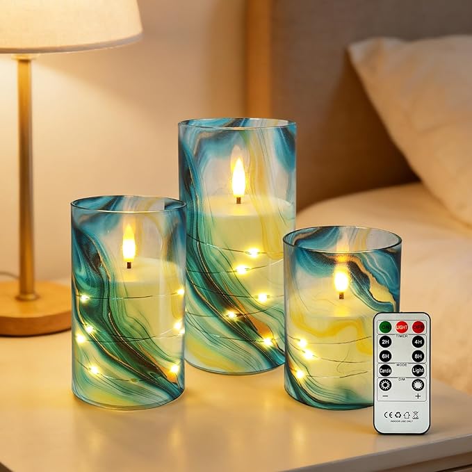 Flickering Flameless Candles, Recessed String Light LED Candles 3D Wick Acrylic Battery Operated LED Pillar Candles with Remote and Timer for Modern Simple Home Decor Set of 3(Marble Printed)