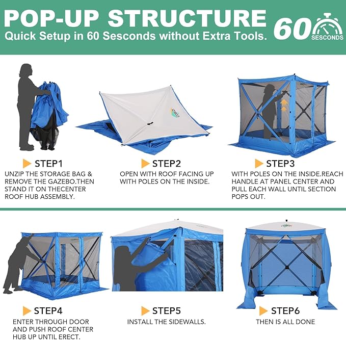 COBIZI 6x6 FT Pop up Gazebo, Popup Canopy Tent, Screened in Gazebos with sidewalls, Waterproof Portable Outdoor Small Screen Tents Sun Shelter,carpas para Patio for Camping, Garden and Backyard,Blue