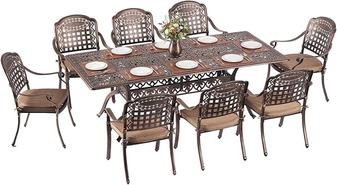 Redlife 9-Piece Cast Aluminum Outdoor Dining Set, 86" Rectangular Patio Table with Umbrella Hole, 8 Stackable Chairs with Cushions, Lattice Backrest, All-Weather Waterproof Patio Furniture Set