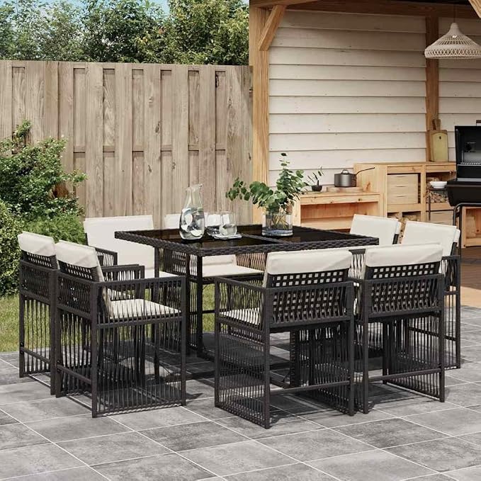 9 Piece Garden Dining Set, Black and Cream PE Rattan Outdoor Furniture with Removable Washable Cushions, Large Foldable Patio Dining Table and Chairs for Backyard and Terrace Gatherings
