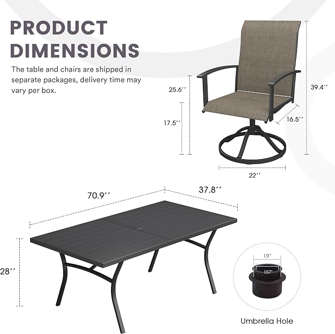 9 Pieces Outdoor Patio Dining Set, 70.9" All Weather Rectangle Metal Table with Umbrella Hole and 8 High Back Textilene Swivel Chairs for Garden, Lawn, Poolside, Black Table&Brown Chairs