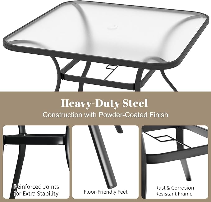 Outdoor Dining Table with Tempered Glass & 1.7" Umbrella Hole, 4 Person Patio Table for Garden Backyard Poolside