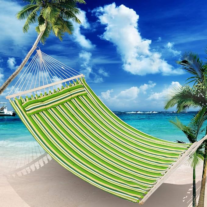 HomVent 2 Person Hammock Swing, Portable Double Hammock Bed Camping Hammock with Wooden Poles for Outdoor Patio Backyard Poolside (Green Stripe)