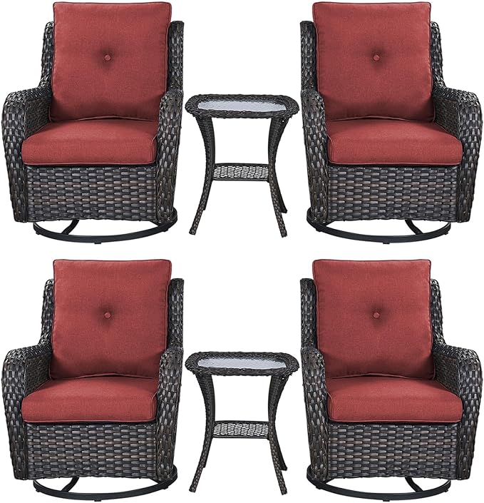 Rilyson Wicker Rocking Chair Swivel Chairs – 6 Piece Rocker Patio Furniture Set Rattan Rocking Bistro Sets with Glass Top Side Table for Outdoor Porch Deck Garden Backyard(Brown/Red)