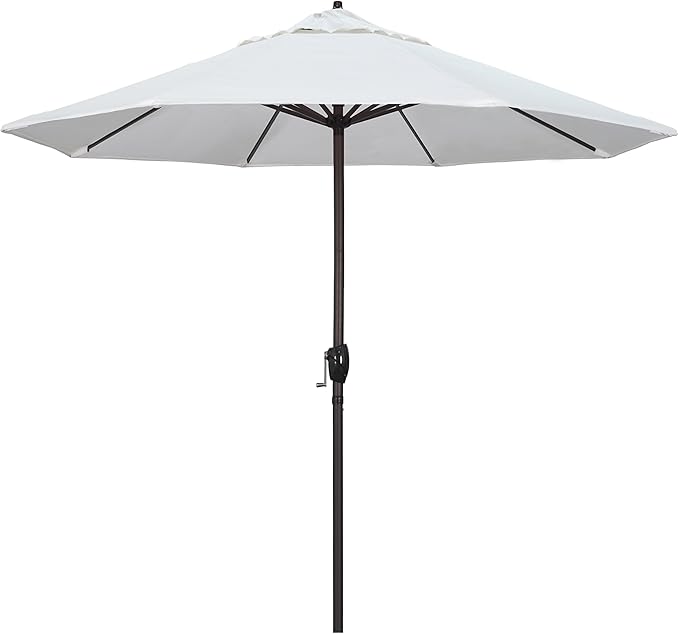 California Umbrella 9' Round Aluminum Outdoor Deck, Pool or Patio Umbrella, Crank Lift, Auto Tilt, Bronze Pole, White Olefin