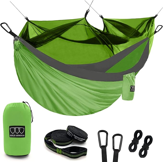 Gold Armour Camping Hammock - Camping Essentials, Double Hammock with Bug Net, Camping Gear Hammock for Outside, Hiking, and Travel (Lime Green & Gray)
