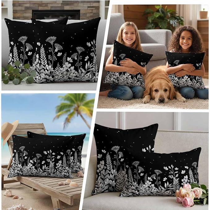 Outdoor Pillow Covers Waterproof, Vintage Floral Decorative Rectangle Throw Pillowcases Patio Cushion Covers for Tent/Garden, 20" x 12" 2 Pack, Spring Wildflowers Country Botanical Black