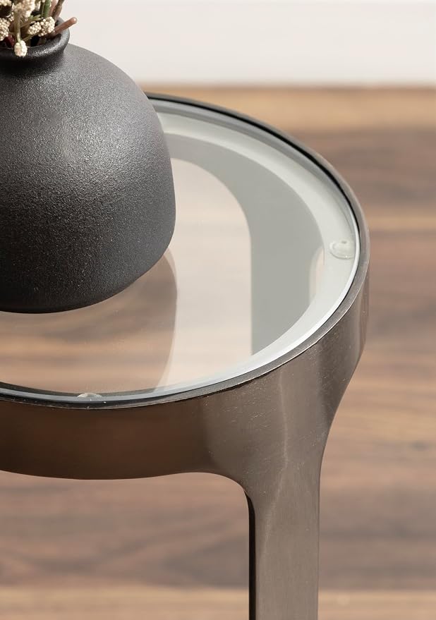 Kate and Laurel Dahl Modern Round Glass Top Outdoor Drink Table; 8 x 8 x 23; Clear Glass and Gray Gunmetal; Circle Pedestal Patio Mini Table for Living Room Plant Stand or Small Bedroom Nightstand
