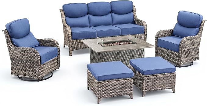 Luxury Patio Furniture Set with Fire Pit Table-6 Pieces All Weather Outdoor Swivel Rocker Chairs with Sofa and Ottomans. Outdoors Patio Conversation Sets for Porch Deck Garden Backyard(Grey/Blue)