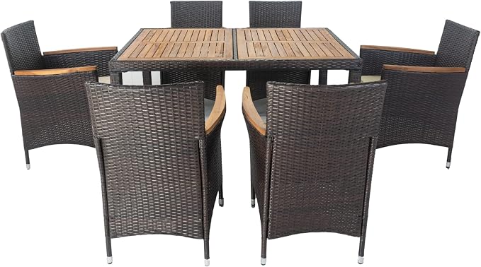7 Piece Outdoor Patio Furniture Dining Set, Rattan Conversation Set with Acacia Wood Table Top, Widened Armrests and 6 Soft Cushion Chairs for Backyard, Garden
