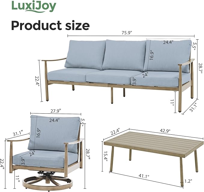 4 Pieces Patio Furniture Set, Aluminum Outdoor Patio Furniture Sets, 2 Swivel Chairs and 3 Seater Couch with Thick Cushion, Patio Conversation Set for Backyard Deck Poolside, Blue & Brown