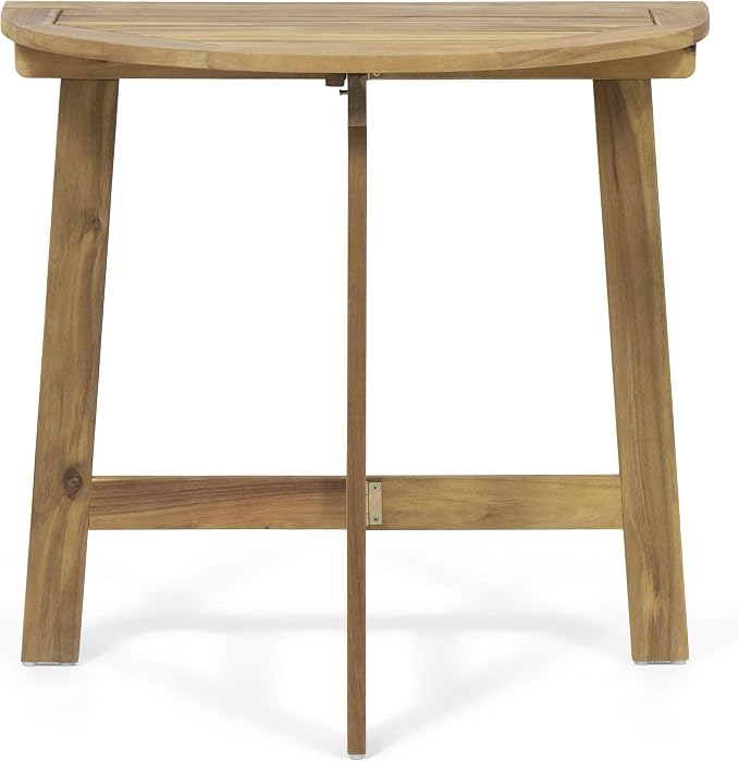 Outdoor Foldable Acacia Bistro Table, Half-Round Wall-Mounted Patio Dining Set, Natural Finish