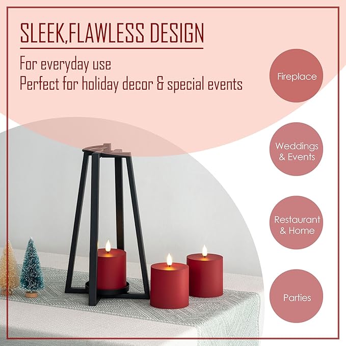 smtyle Christmas Red Flameless Plastic Pillar Candles 3x3 Vintage Color with Battery Operated Fake Flickering Candles Smart Remote - Perfect for Rustic Farmhouse Table Decorations & Indoor Room