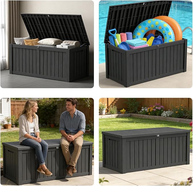 FEFLO 120 Gallon Waterproof Resin Deck Box, Heavy-Duty Outdoor Storage Box | Lockable Lid & UV-Resistant Patio Storage Chest for Garden Tools, Pool Accessories, Package Delivery, Toys, Furniture