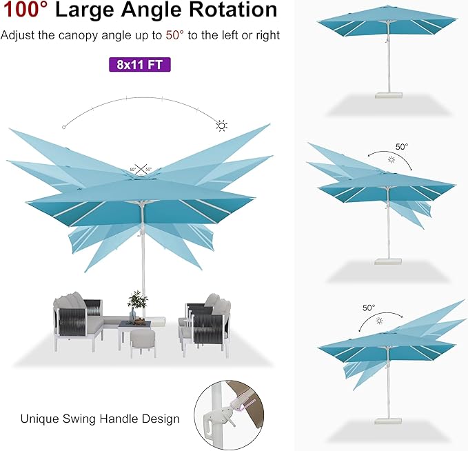 PURPLE LEAF 8' X 11.5' Right-left Tilt White Cantilever Umbrella with Base Patio Outdoor Swivel Umbrellas with Aluminum Tilt Offset Umbrella with 360° Rotation for Deck Pool, Turquoise