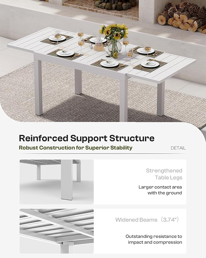 Outdoor Aluminum Patio Dining Table Set for 8 Person, Expandable Outdoor Table and 8 Chairs with Textilene Fabric & HDPS Armrest, All-Weather Patio Furniture Set for Yard, Garden, White