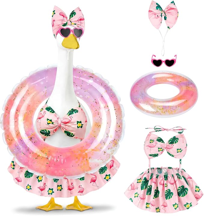 Hawaiian Porch Goose Outfits Summer, Flamingo Bikini Goose Outfit | Goose Costume with Sunglasses & Swim Ring Fits 17 23 Inch Cement Yard Plastic Statues, Outdoor Garden Patio Decor