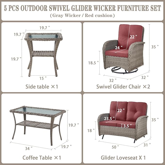 Belord 5 Piece Wicker Patio Furniture Set - Outdoor Conversation Sets with Deep Seating Swivel Rocker Chairs Loveseat and Rattan Coffee Table for Deck Backyard Poolside, Gray Wicker/Red Cushion