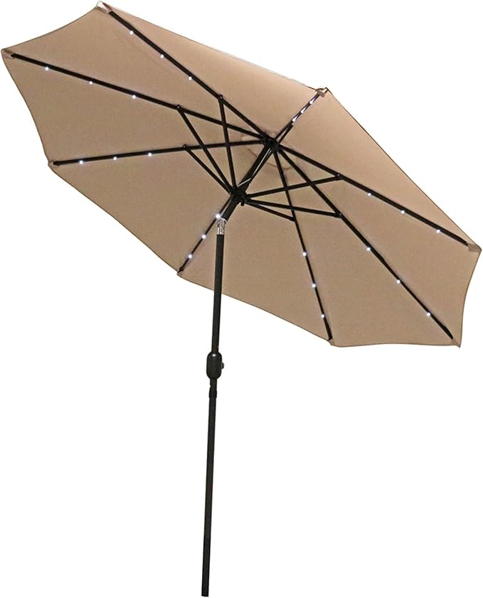 Sunnydaze 9 ft Outdoor Patio Umbrella with Solar Lights - Polyester LED Table Market Umbrella with Push-Button Tilt and Crank - Beige