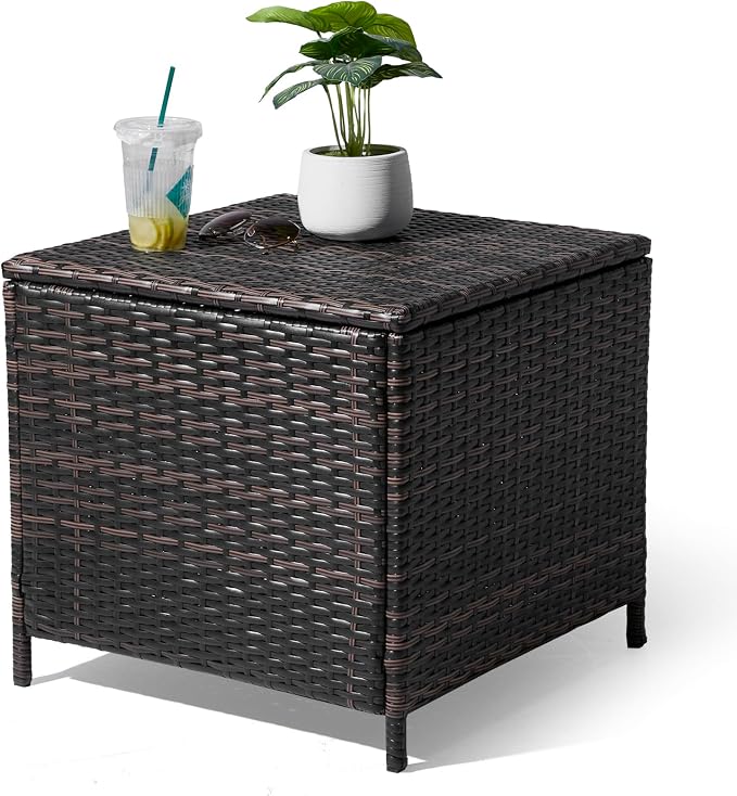 27 Gallon Patio Rattan Wicker Side Tables,All-Weather Outdoor Storage Box,Waterproof Patio Coffee Side Table,Outside Storage Coffee Tables,with Lid,for Garden Porch Poolside Deck Backyard (Brown)