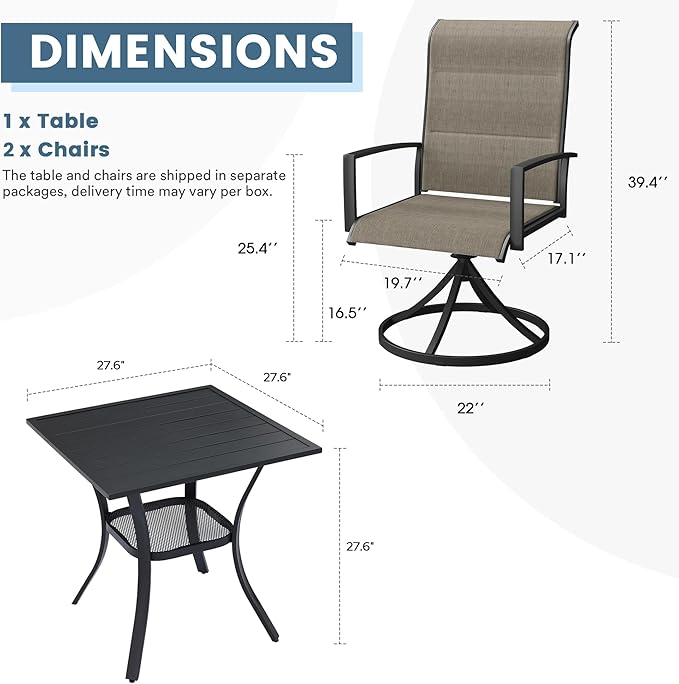 DIFY 3 Piece Outdoor Dining Set for 2, Patio Furniture Set with Padded Textilene Swivel Patio Chairs and 27.6" Small Square Metal Dining Table, Brown Fabric & Black Tabletop