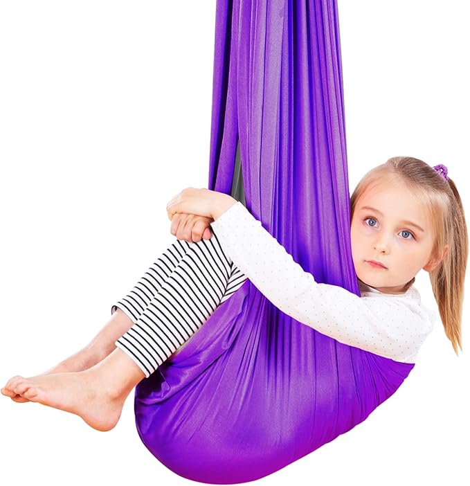 Therapy Swing Hammock Kids Cuddle Sensory Swing Indoor Therapeutic Hammock 360° Rotating Double Layer Elastic Rocking Cloth Swing Gifts for Children with ADHD SPD Asperger Autism (Purple+Grey)