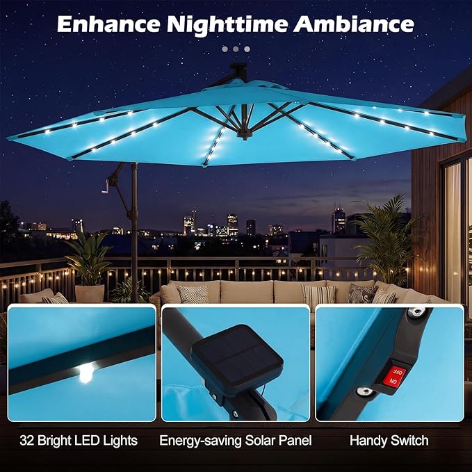 Tangkula 10ft Solar Patio Umbrella with Base Included, Offset Cantilever Outdoor Umbrella with 32 LED Lights, 360 Degree Rotation, Crank Handle for Pool Deck Garden Backyard (Turquoise)