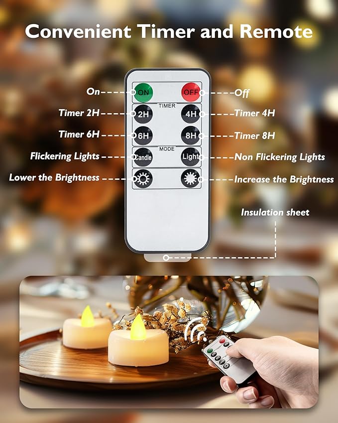 merrynights Remote Candles, 24PCS Flameless Tea Lights Candle Battery Operated with Timer, 400+Hours Remote Control LED Tea Lights Votive Candle - 1.5'' D X 1.25'' H- Warm Yellow Light
