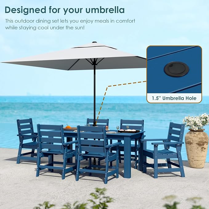 IVY&LANE Outdoor Dining Table | HDPE | 67’’ Rectangle Tables | Blue | All Weather | Umbrella Hole | Patio Furniture | for Poolside Lawn Garden Backyard
