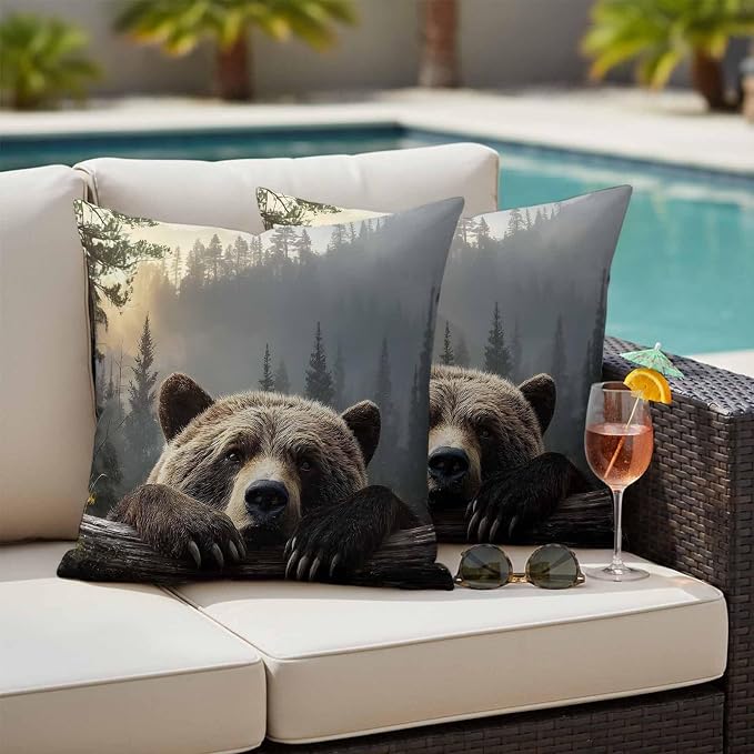 Bear Outdoor Pillow Covers 18"x18" Set of 2, Animal Wood Fence Forest Farmhouse Waterproof Throw Pillow Covers for Patio Furniture, Decorative Cushion Covers for Porch