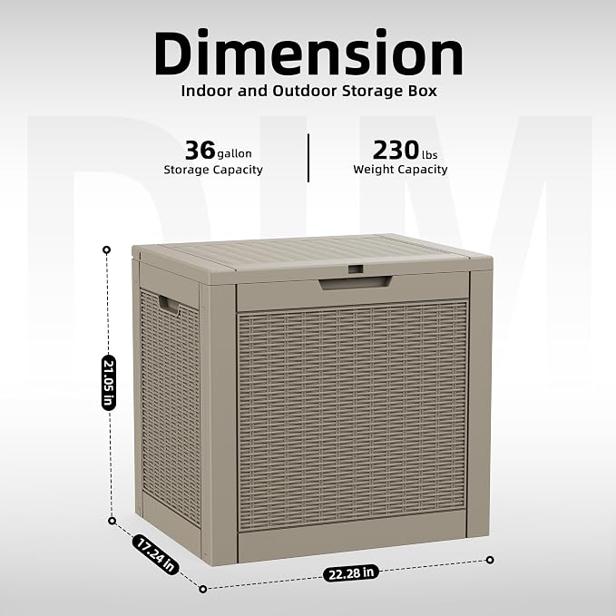 Outdoor Waterproof Resin Storage Deck Box Lockable Outside Bench UV Resistant Bin Patio Porch Furniture Pool Float Garden Tool Cushion Grey 36 Gallon