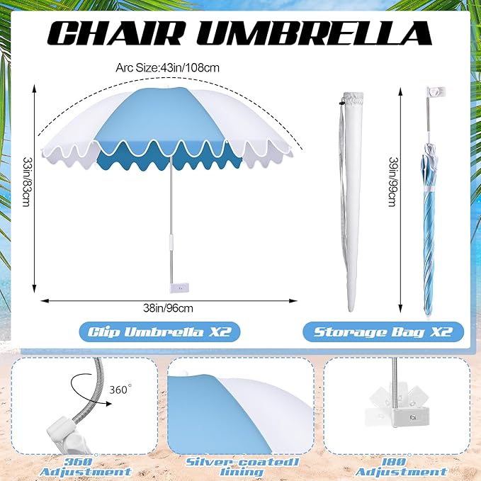 Abbylike 2 Pcs Scalloped Chair Umbrella with Universal Adjustable Clamp 38'' Portable Wheelchair Umbrella UPF 50+ Camping Chair Parasol with Bag for Outdoor Patio Lawn