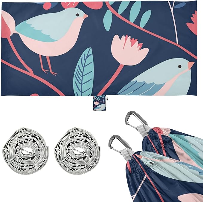 Cartoon Teal Pink Flowers Birds 330lb Capacity Camping Hammock with Portabl Carry Bag Fabric Hammock for Outside Beach Patio Garden capas para la Lluvia