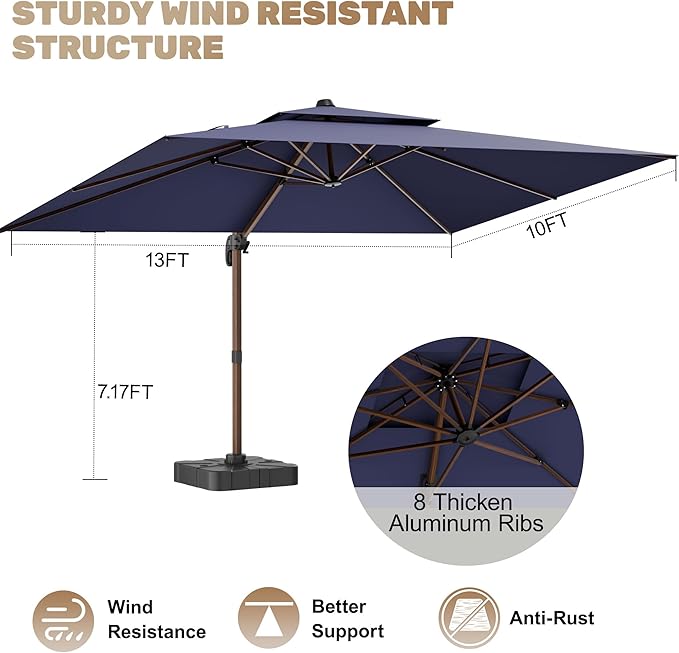 10x13FT Cantilever Outdoor Patio Umbrellas, Double Top Wood Pattern Rectangle Umbrella, Heavy Duty 360°Rotation Offset Umbrella for Garden Deck Pool Patio, Navy Blue