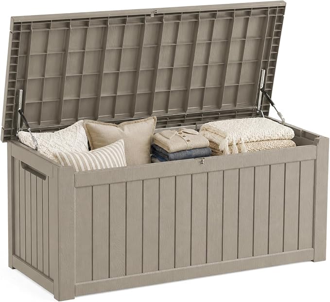 MAKINO 274 Gallon Large Waterproof Deck Box, Heavy Duty Resin Outdoor Storage Box, Outside Storage Bench with Hydraulic Rod for Patio/Cushions/Garden Tools/Backyard/Pool Accessories, Grey Brown