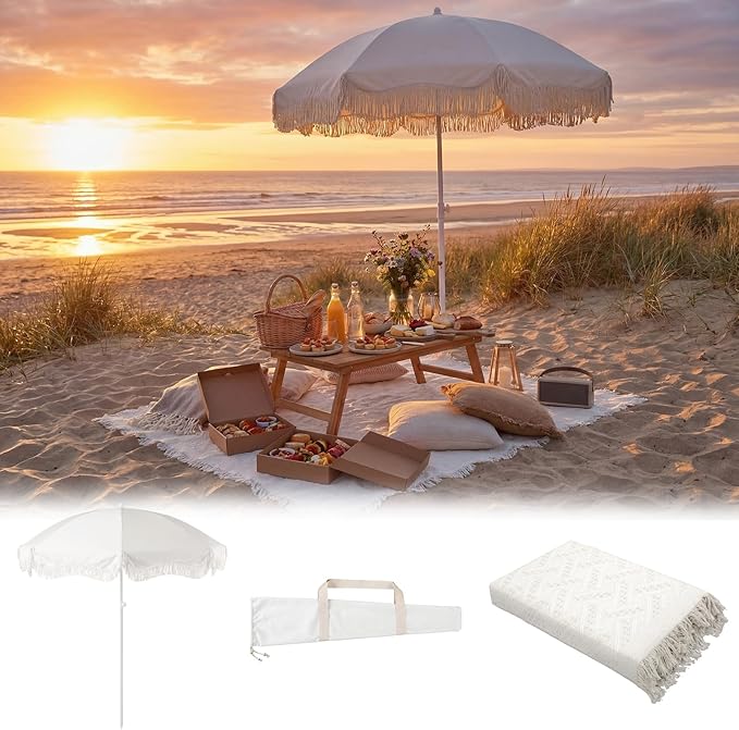 Boho Fringe Beach Umbrella with Extra Large Picnic Blanket Set, 6.5Ft UPF50+ Tassel Ruffles Umbrella 71"x 91" Picnic Blanket for Beach Wedding Bridal Shower Birthday Party Patio Lawn