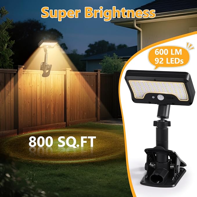 Clip On Solar Lights Outdoor with Motion Sensor, 360°Rotatable & Vertically Adjustable Solar Fence Lights with 92 LEDs (600 LM, 3000 K),IP65 waterproof Security light for deck, Gutter, Camping(4 Pack)