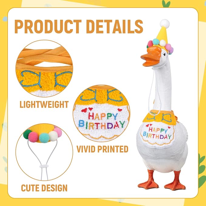 Jmkcoz Birthday Porch Goose Outfits Lawn Goose Statue Costume with Party Hat Bandana for 23" 17" Cement Plastic Statue Patio Yard Garden Outdoor Decor (Yellow)