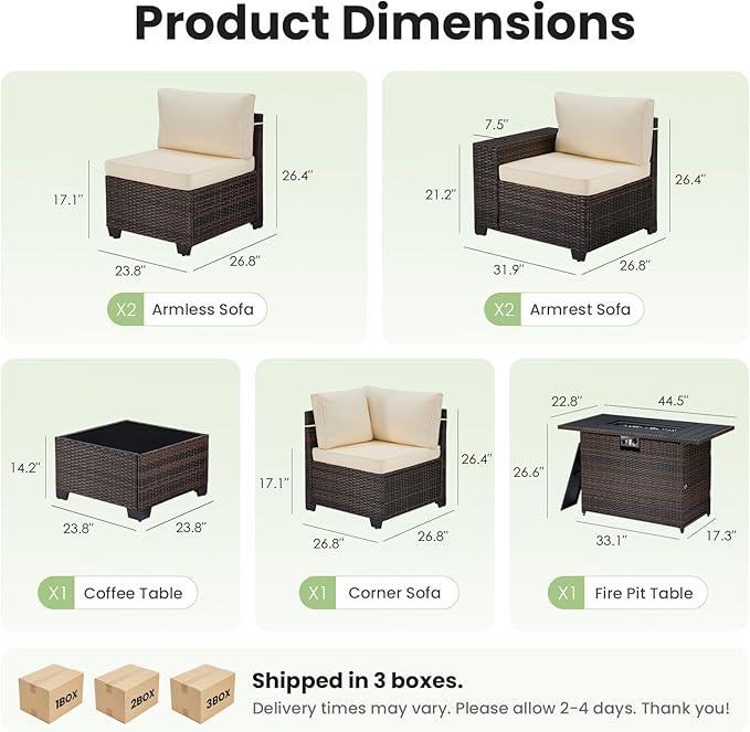 Soohow 7-Piece Patio Furniture Set with 44" Fire Pit Table, Outdoor Sectional Wicker Rattan Conversation Set for Garden, Porch, Backyard - Beige Cushions