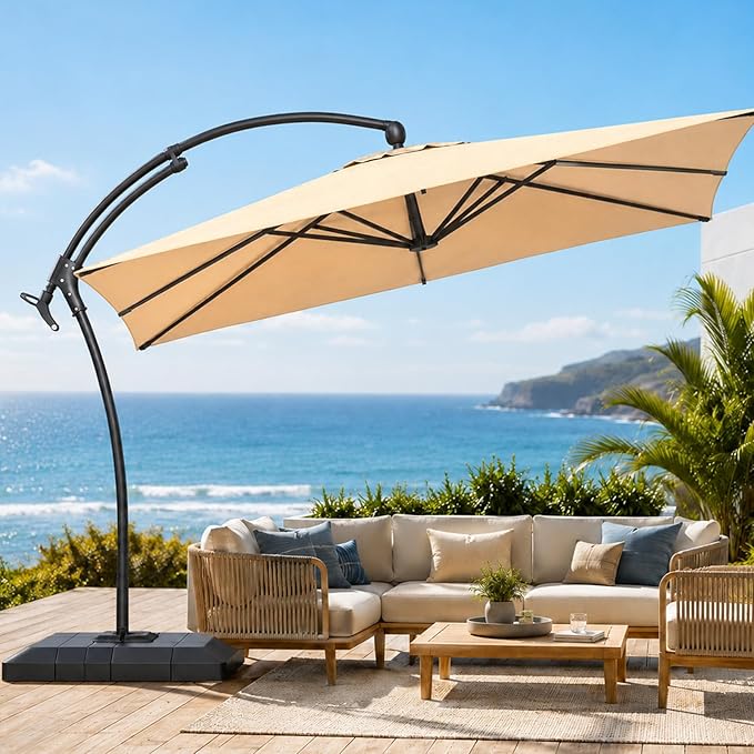 AECOJOY 10 Ft Cantilever Umbrella with Base Included, Large Square Aluminum Outdoor Cantilever Offset Patio Umbrellas w/ 360° Rotation, Infinite Tilt Adjustment for Pool, Garden, Desk, Beige