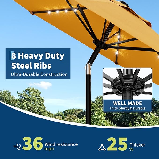 Garvee 9/10 FT Solar Patio Umbrella with 32 LED Lights - Outdoor Table Umbrella with Crank Lift, Push Button Tilt and 8 Sturdy Ribs - Market Umbrella UV Protection for Pool, Deck, Yard, Garden