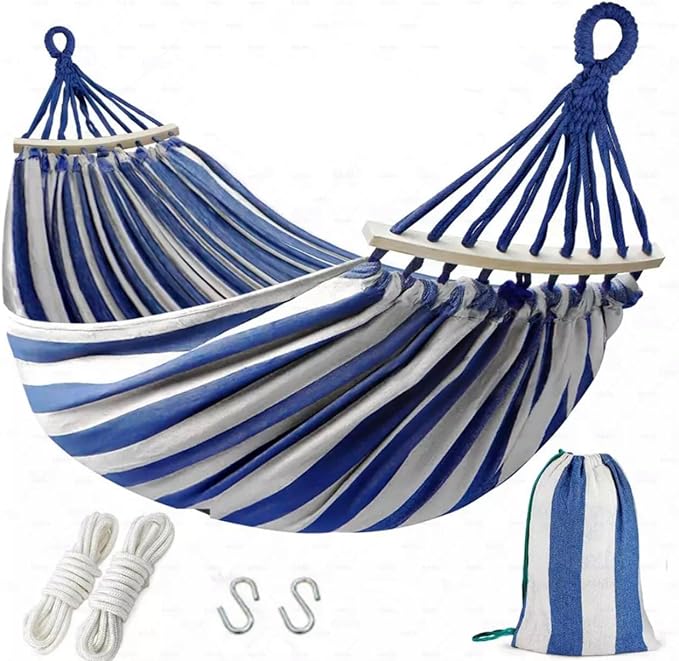 Brazilian Double Hammock (Max 450lb)- 2 Person Soft Canvas Cotton Fabric Hammock with Tree Strap-Portable Hammock with Traval Bag for Patio Porch Garden Backyard,Outdoor/Indoor - Blue/White