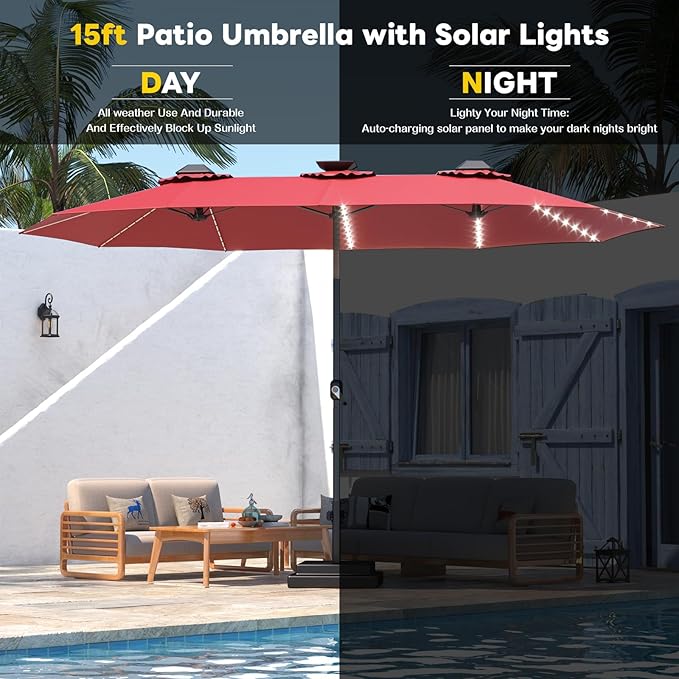 AECOJOY 15ft Patio Umbrella with Solar Lights, Large Patio Umbrella with Crank Handle and 156 PCS LED Lights, Outdoor Rectangular Market Umbrella for Backyard Deck Pool in Dark Red(1.9" Pole)