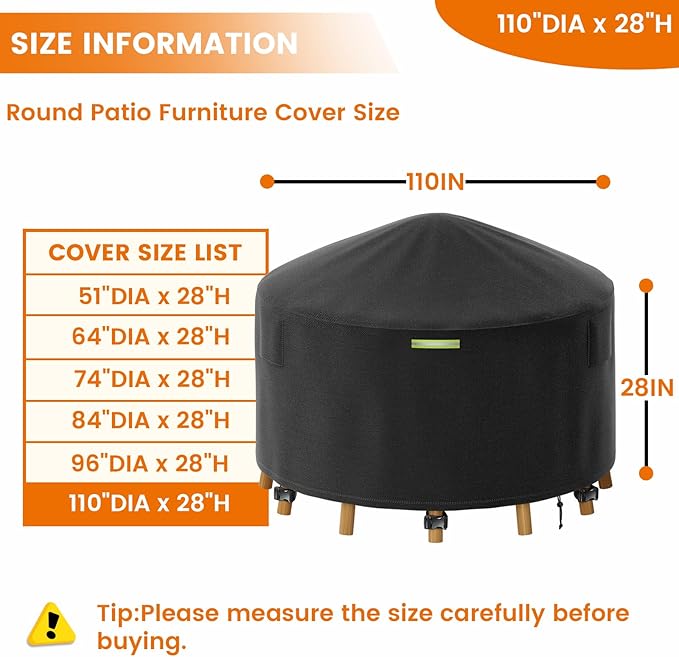 110 Inch Round Patio Furniture Covers with Support Pole, 800D Heavy Duty Waterproof Tear-Resistant Polyester Round Outdoor Table Cover